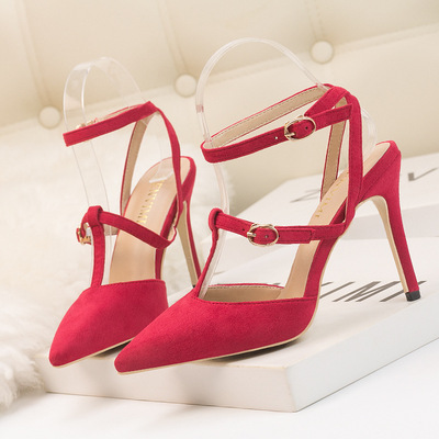 Fashionable And Simple Solid Color Stiletto Sandals With Shallow Mouth Suede Pointed Toe Hollow One-strap Sandals