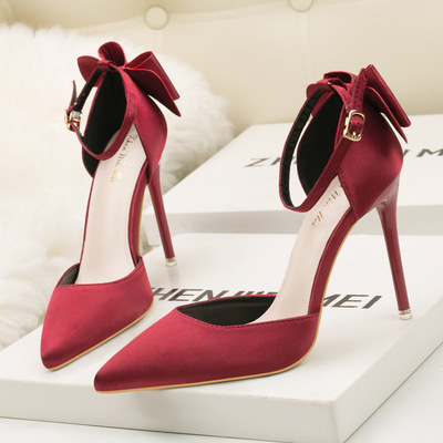 Sweet Stiletto High Heel Shallow Pointy Satin Hollow Back Bow Sandals