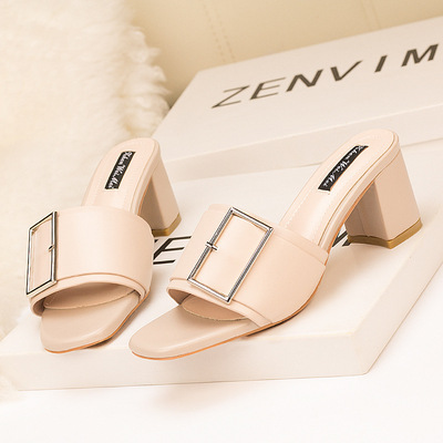 Summer Fashion Simple Casual Sandals With Thick Heel And Square Buckle Women's Sandals And Slippers