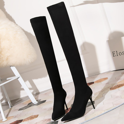 All-match Thin-heeled Knit Stretch Boots With Pointed Toe High-heeled Boots Over The Knee Socks Boots