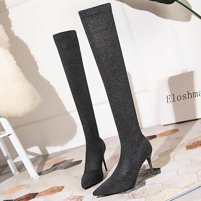 All-match Thin-heeled Knit Stretch Boots With Pointed Toe High-heeled Boots Over The Knee Socks Boots