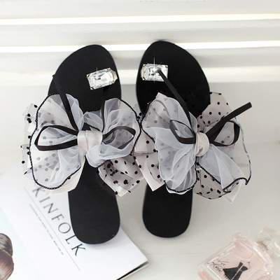 Black Lace Bow Slip-on Rhinestone Slippers