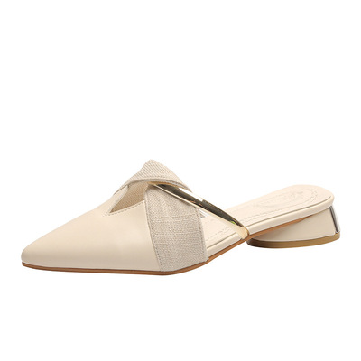 Pointed Half Drag And Thick Heel Fashionable Muller Slippers