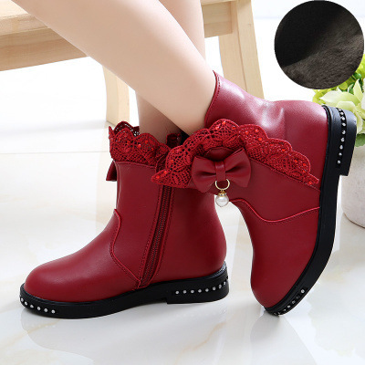 Princess Short Boots Children Snow Boots Girls Plus Velvet Mid-up Boots