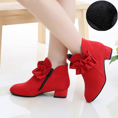 Big Kids High-heeled Korean Princess Single Boots Baby Plus Velvet Short Boots