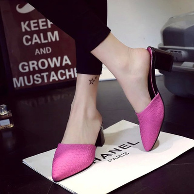 Roman Style New Mid-heel Sandals And Slippers Women's Pointed Toe And Thick Toe With Solid Color