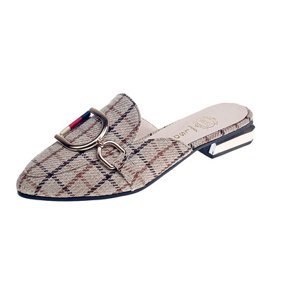 Korean Style Plaid Baotou Half Slippers Pointed Toe Low Heel Sandals And Slippers