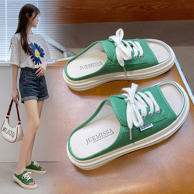 Thick-soled Canvas Slippers Summer New Casual Non-heel Lace-up Open-toed Outer Wear