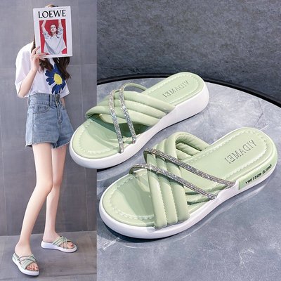 Thick Bottom Fashion Rhinestone Cross Casual Sponge Cake Sandals And Slippers