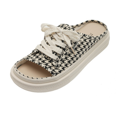 Outer Wear Soft-soled Lace-up Canvas Slippers Korean Style One-step