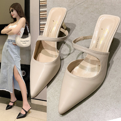 High-heeled Semi-slippers Season New Fashion Outer Wear Korean Style Thick-heeled Lazy Sandals