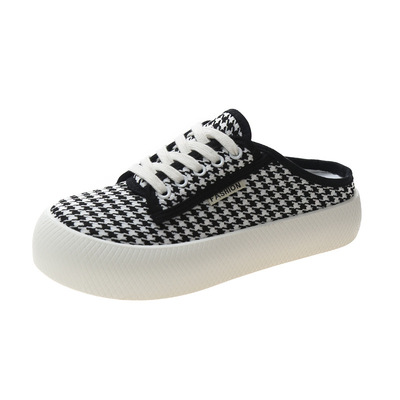 Baotou Semi-slippers Round Head Flat Bottom Lace-up Casual Canvas Without Heel