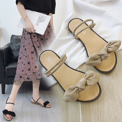 Bowknot Sandals, Women's Outer Wear, Flat-bottomed Lace, Two Wear Sandals And Slippers