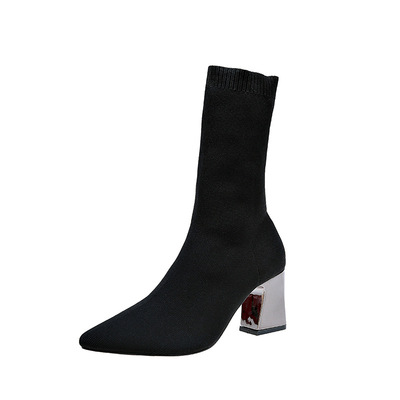 Stretch Boots, Knit Socks, Pointed Toe Thick Heel Boots, Thin Socks Boots