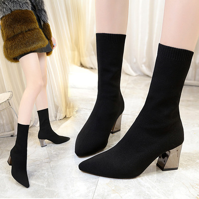 Stretch Boots, Knit Socks, Pointed Toe Thick Heel Boots, Thin Socks Boots