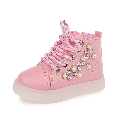 Fashion Casual Light-up Children's Shoes With Rhinestone Pearls