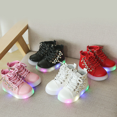 Fashion Casual Light-up Children's Shoes With Rhinestone Pearls