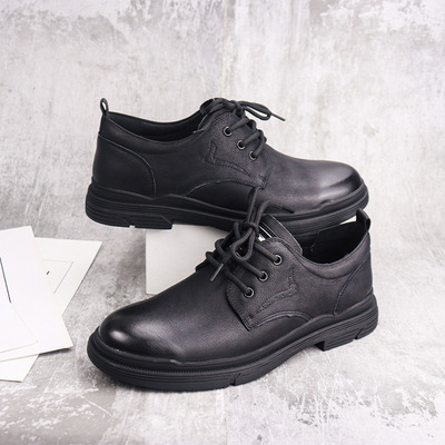 First Layer Cowhide Men's Casual Single Shoes Lace Up Thick Heel Leather Shoes