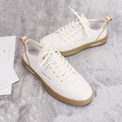 New Style Leather White Shoes Four Seasons Round Toe Flat-bottom Lace-up Men's Shoes