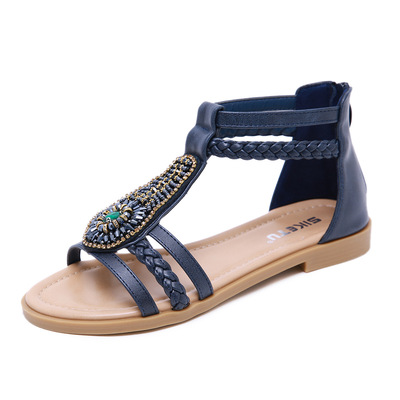 Bohemian Retro Beaded Zipper Rhinestone Roman Sandals Flats