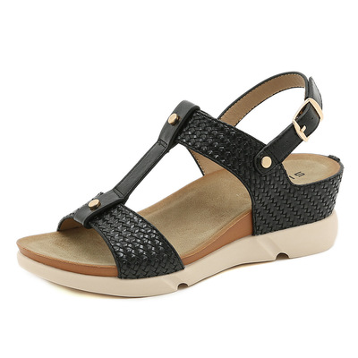 Fashionable Roman Woven Buckle Solid Color Comfortable Non-slip Wedges Women Shoes