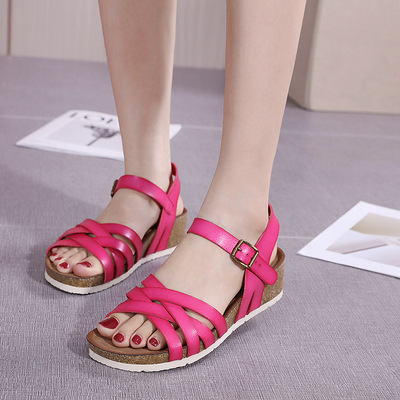 Comfortable Non-slip Microfiber Roman Sandals With Metal Buckle And Wooden Cut Sole