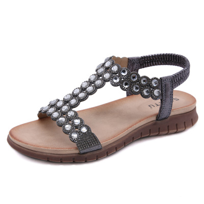 Retro Women's Sandals Beaded Rhinestone Buckle Two-tone Bottom High-end Soft Sole
