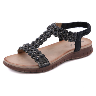 Retro Women's Sandals Beaded Rhinestone Buckle Two-tone Bottom High-end Soft Sole
