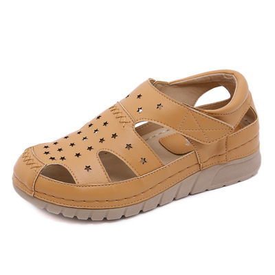 Wedge-heel Stitching Lightweight Velcro Hollow Mother's Shoes Large Size Sandals