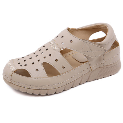 Wedge-heel Stitching Lightweight Velcro Hollow Mother's Shoes Large Size Sandals