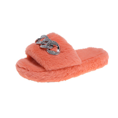 European And American Metal Chain Thick-soled Fur Slippers Plus Size Flat-heeled Warm Flip-flops
