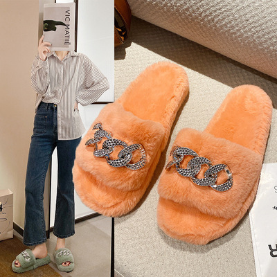 European And American Metal Chain Thick-soled Fur Slippers Plus Size Flat-heeled Warm Flip-flops