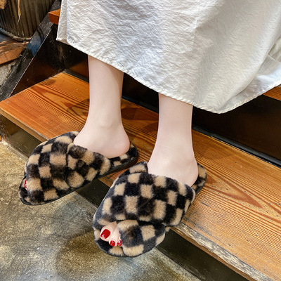New Style Wool Slippers Women's Checkered European And American Home Cotton Slippers