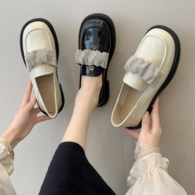 New Style Rhinestone Square Toe Japanese Loafers Retro College Style Flat Bottom