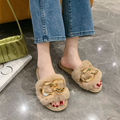 Autumn And Winter New Style Metal Chain One-line Warm Home Indoor Cotton Slippers