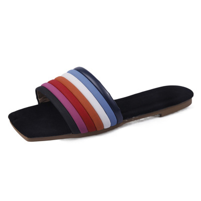 New Square-toe Colorful Flat Slippers Casual And Comfortable Large Size Beach Shoes