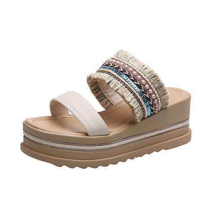 Trifle Slope With Lace One-word Sandals And Slippers, Thick-soled Color Matching Fashion Roman Shoes