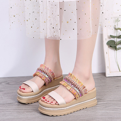 Trifle Slope With Lace One-word Sandals And Slippers, Thick-soled Color Matching Fashion Roman Shoes