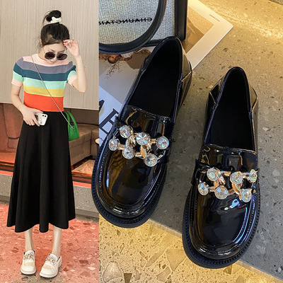British Style Two-wear Soft Leather Shoes, Fashionable Rhinestone Patent Leather, Comfortable Low-heeled Round Toe