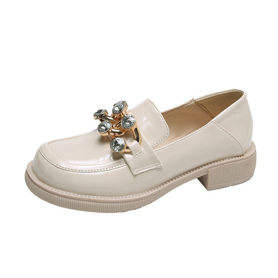 British Style Two-wear Soft Leather Shoes, Fashionable Rhinestone Patent Leather, Comfortable Low-heeled Round Toe
