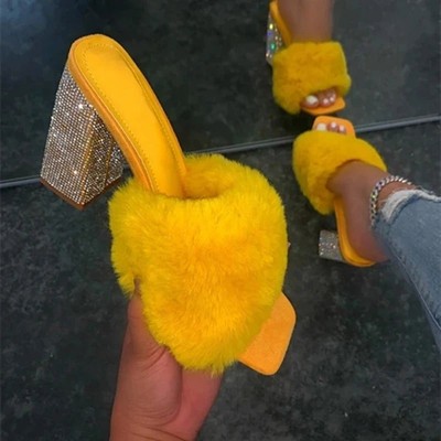 European And American Style High-heeled Thick-heeled Fish Mouth Sandals Square Head Hair Slippers