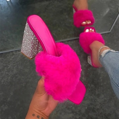 European And American Style High-heeled Thick-heeled Fish Mouth Sandals Square Head Hair Slippers