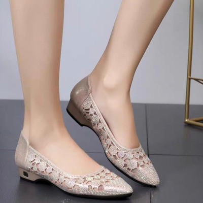New Mesh Hollow Rhinestone Fashion Summer Slope With Low Heel Mom Shoes