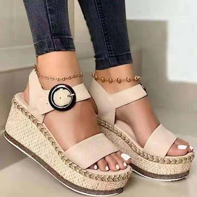 Platform Wedge Sandals Women's Shoes High-heeled Straw Open Toe Shoes Plus Size