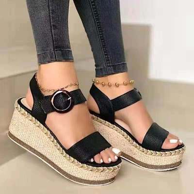 Platform Wedge Sandals Women's Shoes High-heeled Straw Open Toe Shoes Plus Size