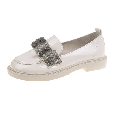 British Style Small Leather Shoes Women New Rhinestone Platform Flat Heel Patent Leather