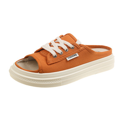 Platform Houndstooth Semi-trailer Canvas Shoes Without Heel Lace-up Open-toed Sandals