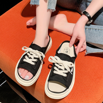 Platform Houndstooth Semi-trailer Canvas Shoes Without Heel Lace-up Open-toed Sandals