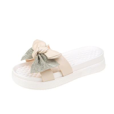 Sponge Cake Thick Bottom Rhinestone Bowknot Flip Flops Fashion Outer Slippers