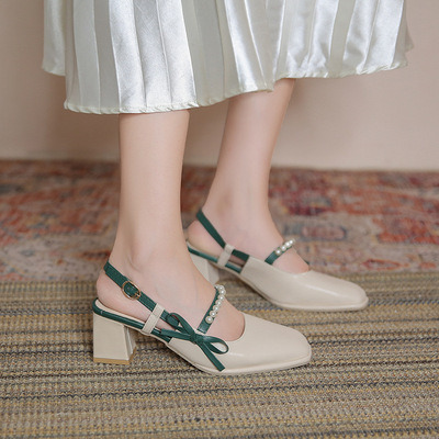 New Style Bowknot Pearl Square Toe High-heeled Jane Chunky Heel Sandals